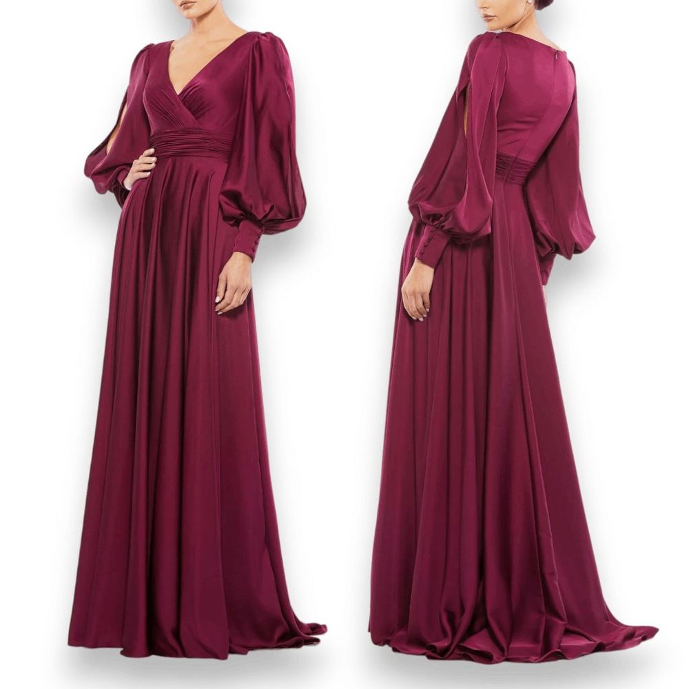 Mac Duggal Flowy Split‎ Bishop Sleeve Wine Faux Wrap Gown Dress Size 8 Women's